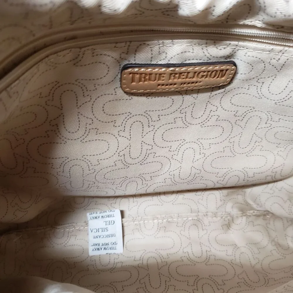 TRUE RELIGION Purse Bag Suede Hobo Crossbody Tan Adjustable Strap Zip Top NEW